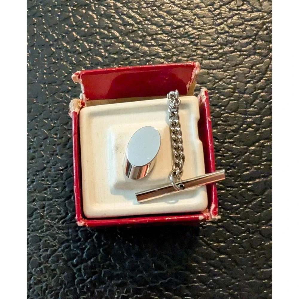 Vintage Silver Tie Tack Oval Engravable Polished Finish T-Bar Chain with Box
